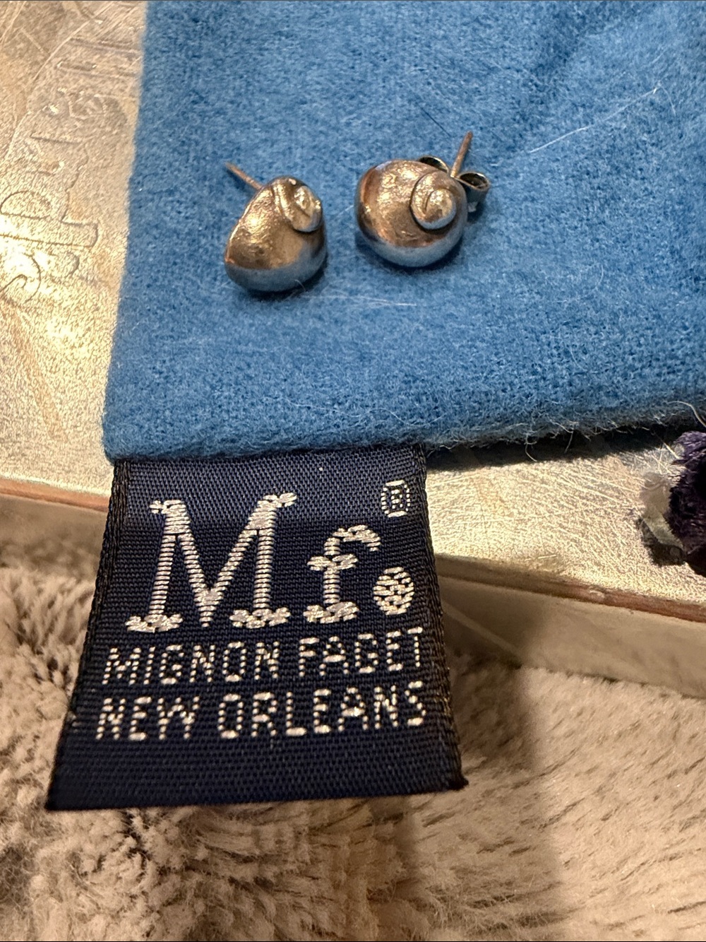 Mignon Faget Silver Snail Stud Earrings with Blue Pouch